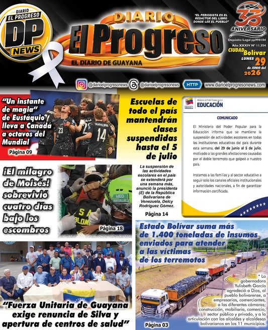 TITULARES DIARIO EL PROGRESO  EDICIÓN LUNES 29 DE JUNIO DE 2026