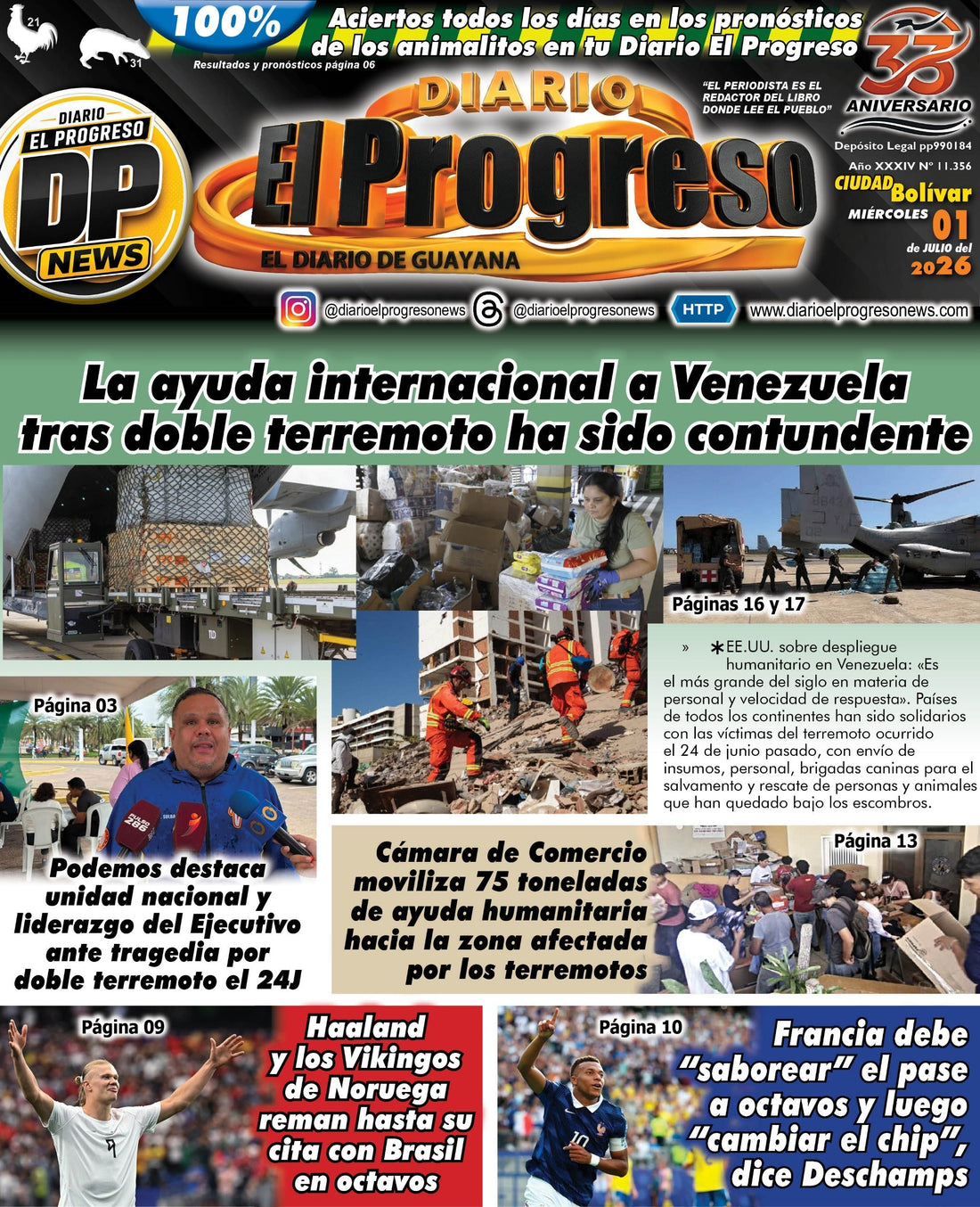 TITULARES DIARIO EL PROGRESO  EDICIÓN MIÉRCOLES 01 DE JULIO DE 2026