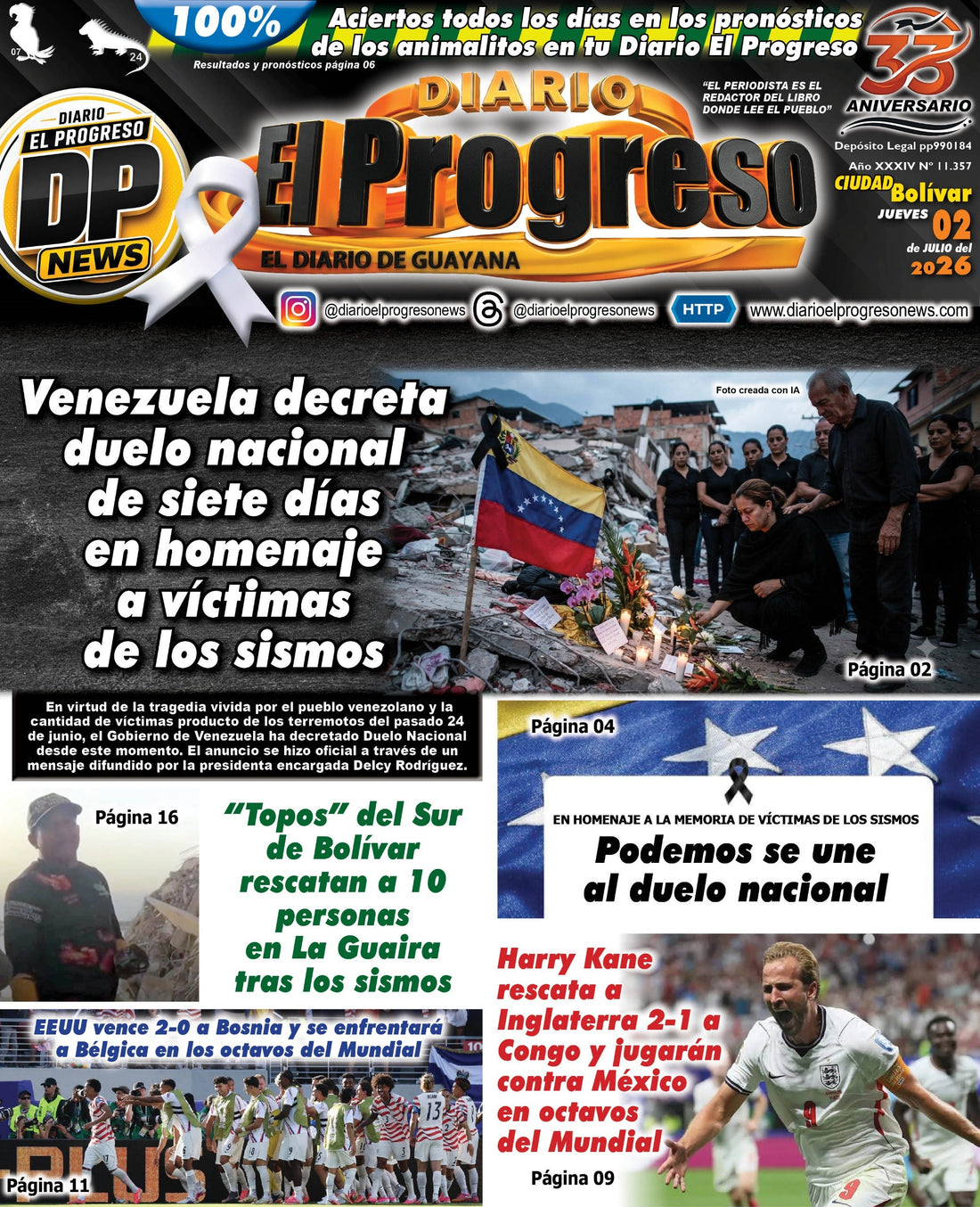 TITULARES DIARIO EL PROGRESO  EDICIÓN JUEVES 02 DE JULIO DE 2026