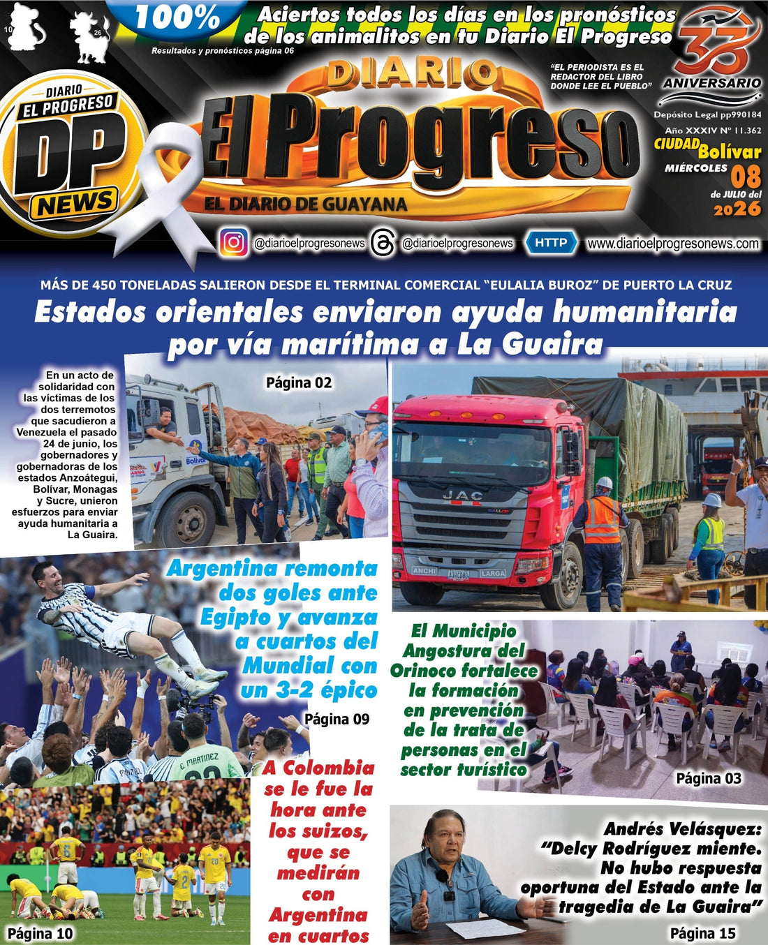TITULARES DIARIO EL PROGRESO  EDICIÓN MIÉRCOLES 08 DE JULIO DE 2026