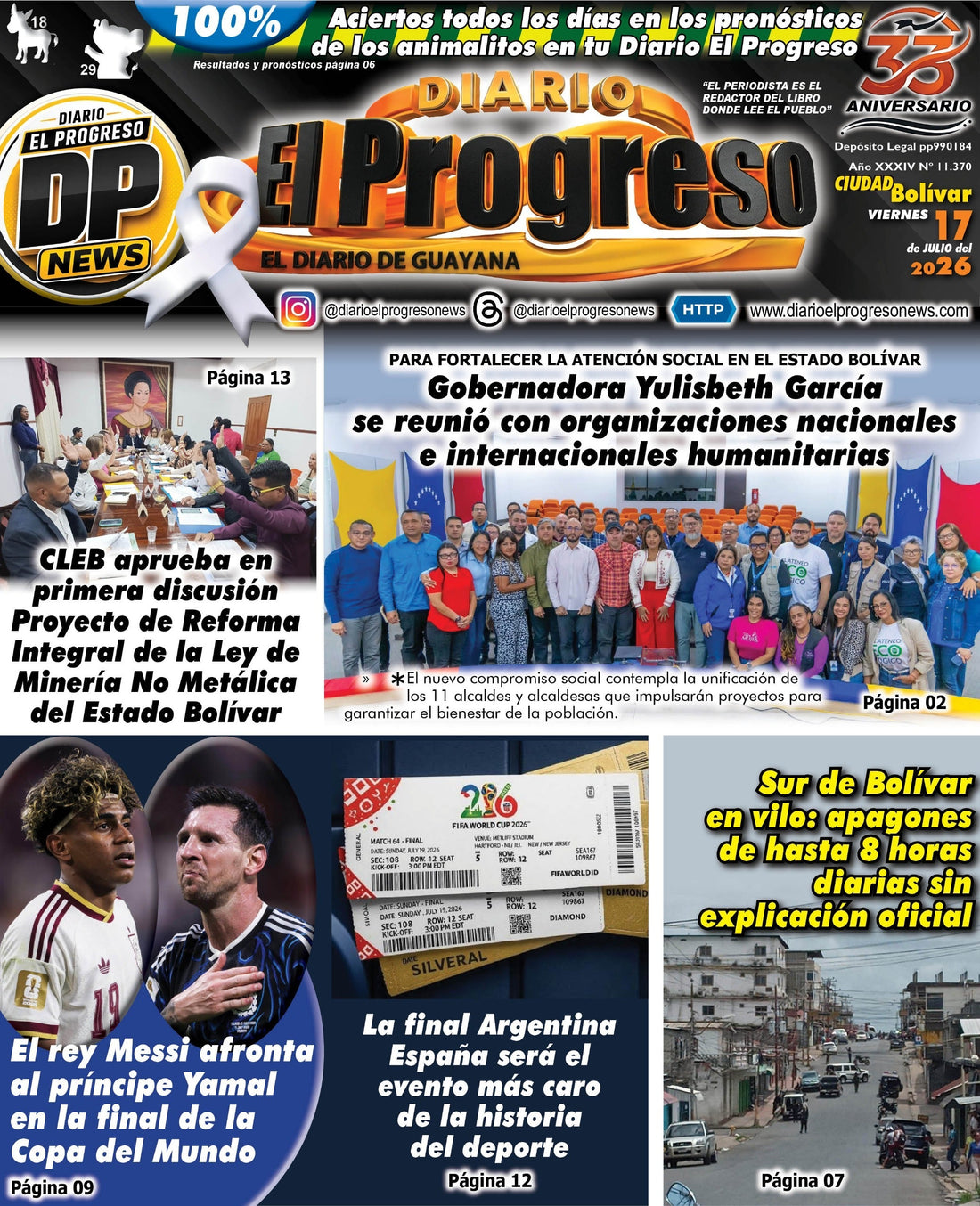 TITULARES DIARIO EL PROGRESO  EDICIÓN VIERNES 17 DE JULIO DE 2026