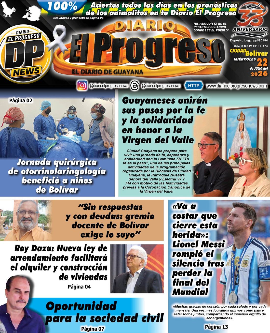 TITULARES DIARIO EL PROGRESO  EDICIÓN MIÉRCOLES 22 DE JULIO DE 2026