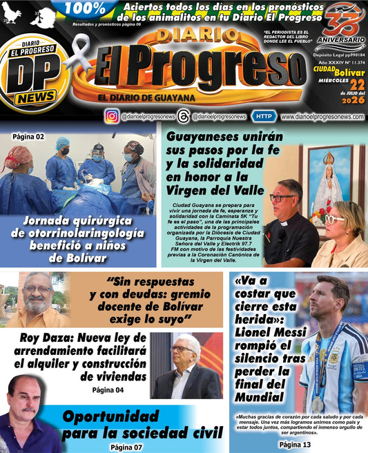 TITULARES DIARIO EL PROGRESO  EDICIÓN MIÉRCOLES 22 DE JULIO DE 2026
