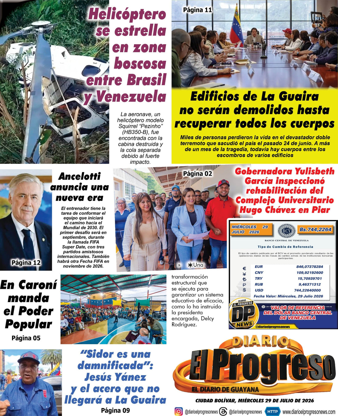 TITULARES DIARIO EL PROGRESO  EDICIÓN MIÉRCOLES 29 DE JULIO DE 2026