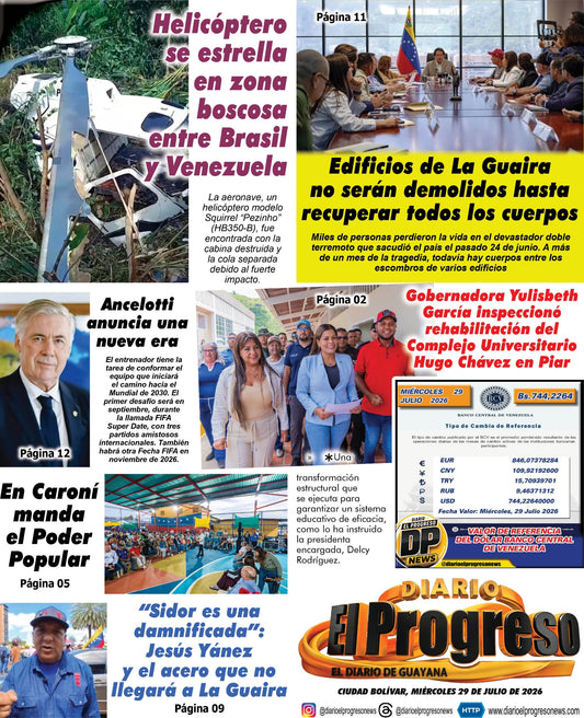 TITULARES DIARIO EL PROGRESO  EDICIÓN MIÉRCOLES 29 DE JULIO DE 2026
