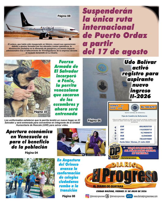TITULARES DIARIO EL PROGRESO  EDICIÓN VIERNES 31 DE JULIO DE 2026