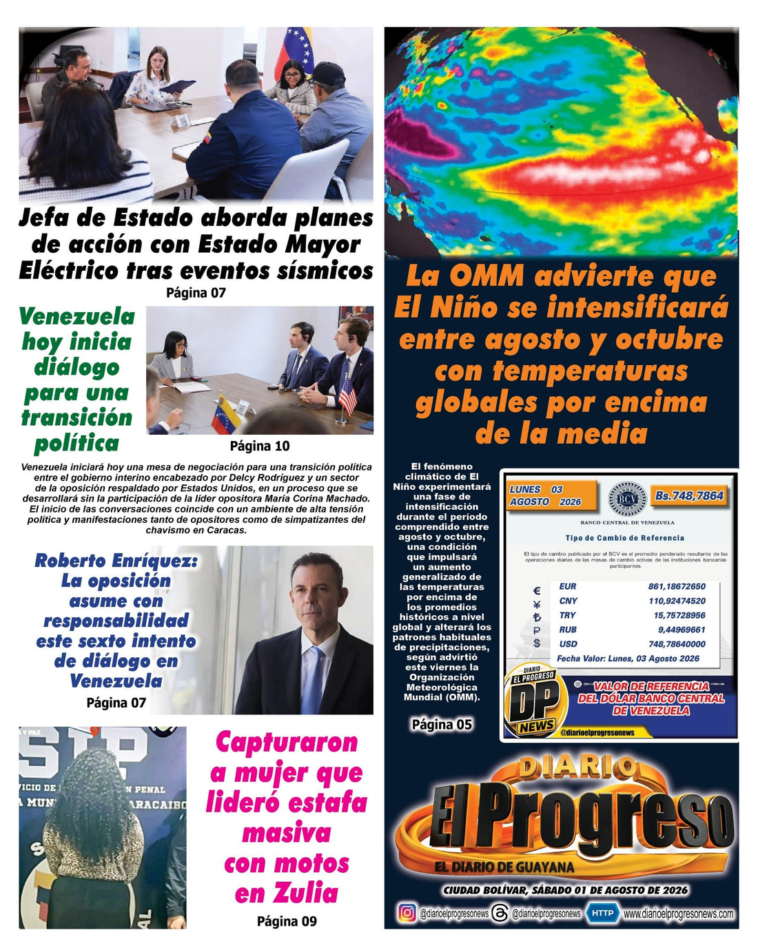 TITULARES DIARIO EL PROGRESO  EDICIÓN SÁBADO 01 DE AGOSTO DE 2026