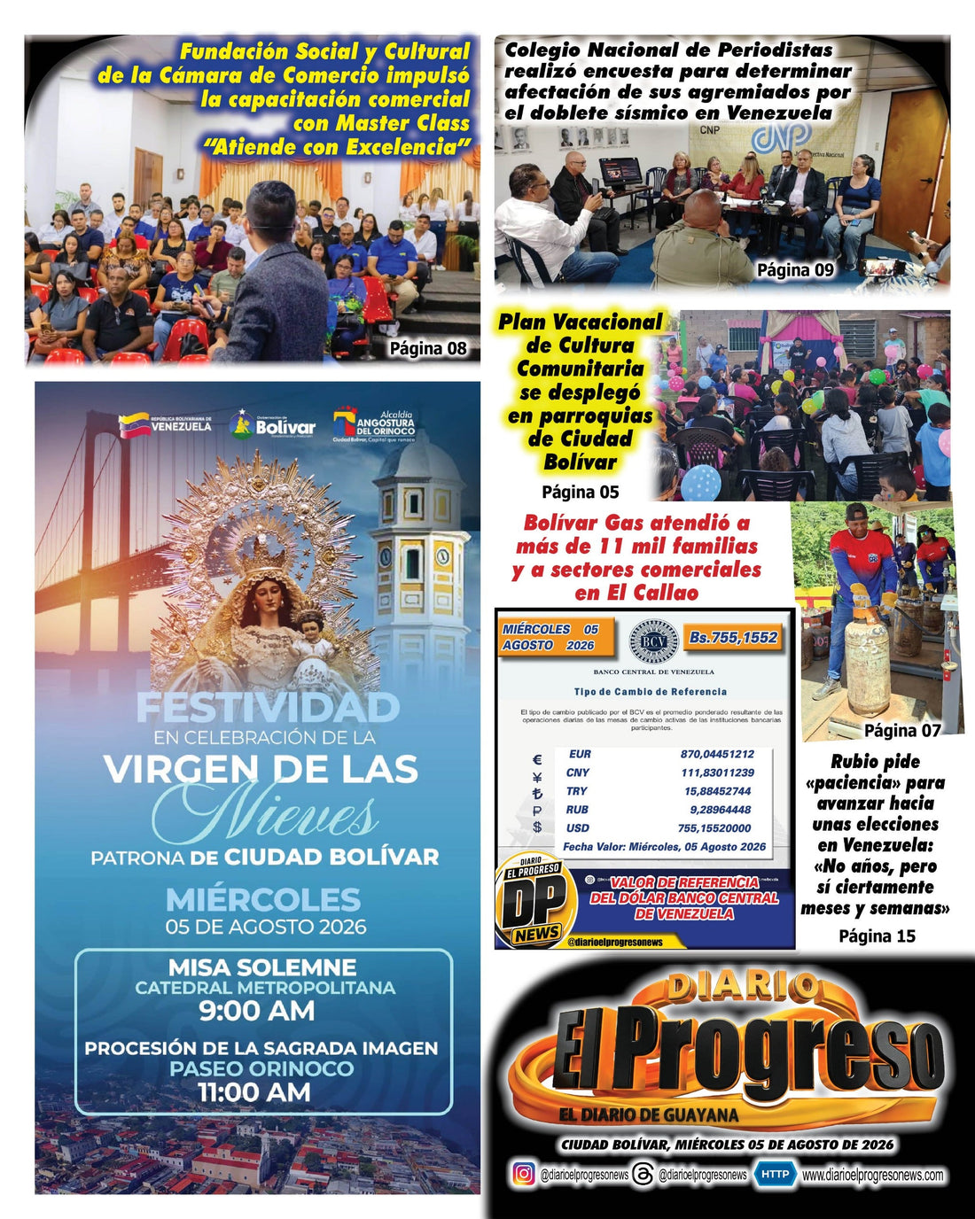 TITULARES DIARIO EL PROGRESO  EDICIÓN MIÉRCOLES 05 DE AGOSTO DE 2026