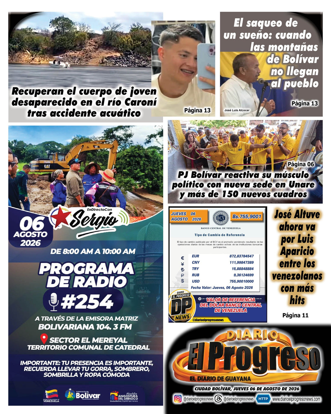 TITULARES DIARIO EL PROGRESO  EDICIÓN JUEVES 06 DE AGOSTO DE 2026