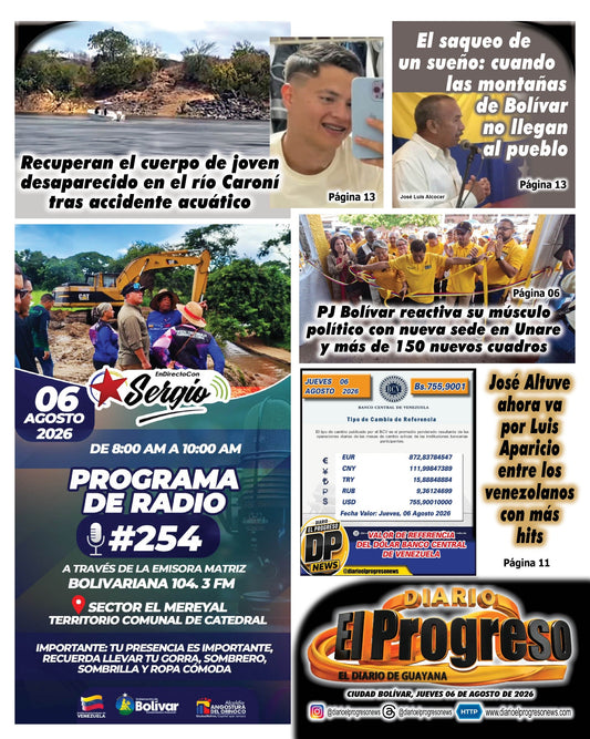 TITULARES DIARIO EL PROGRESO  EDICIÓN JUEVES 06 DE AGOSTO DE 2026