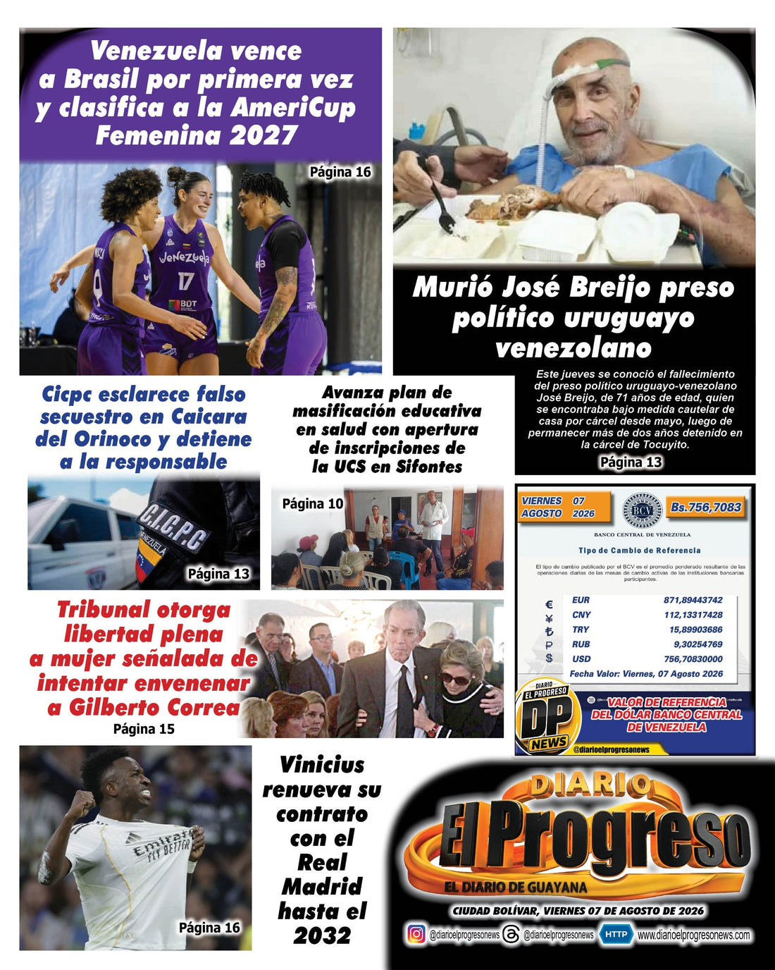 TITULARES DIARIO EL PROGRESO  EDICIÓN VIERNES 07 DE AGOSTO DE 2026