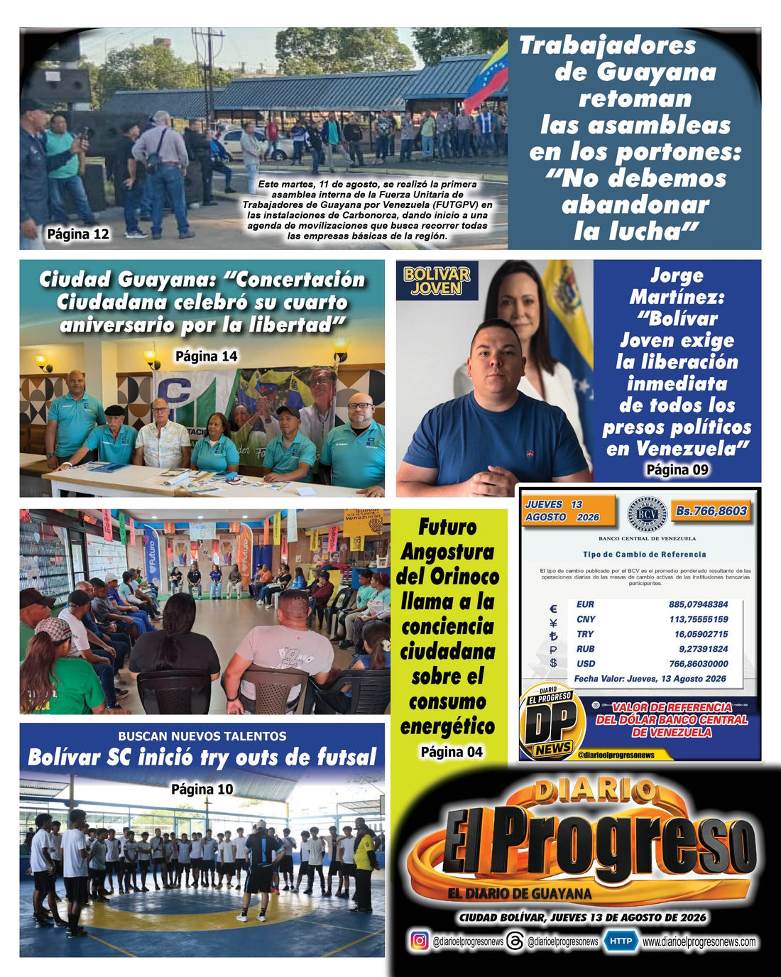 TITULARES DIARIO EL PROGRESO  EDICIÓN JUEVES 13 DE AGOSTO DE 2026