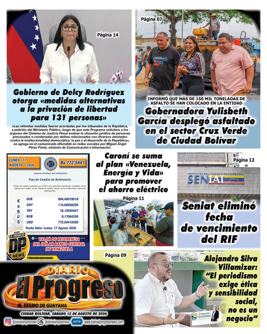 TITULARES DIARIO EL PROGRESO  EDICIÓN SÁBADO 15 DE AGOSTO DE 2026
