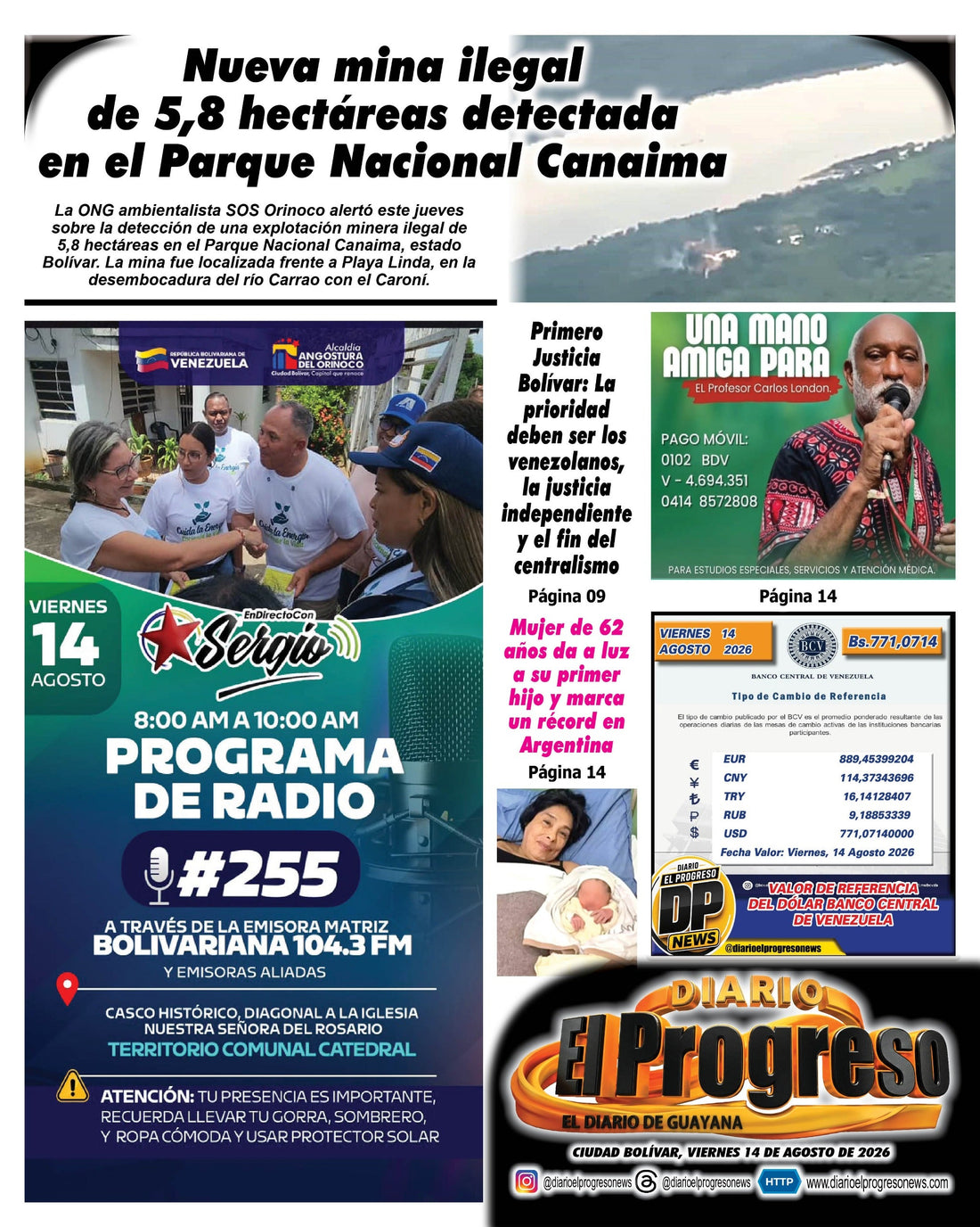 TITULARES DIARIO EL PROGRESO  EDICIÓN VIERNES 14 DE AGOSTO DE 2026