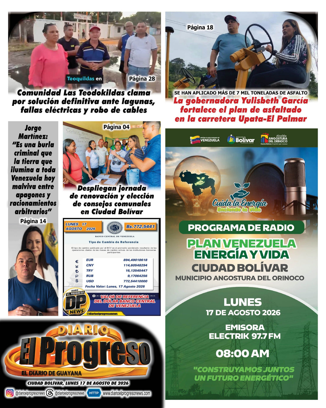 TITULARES DIARIO EL PROGRESO  EDICIÓN LUNES 17 DE AGOSTO DE 2026