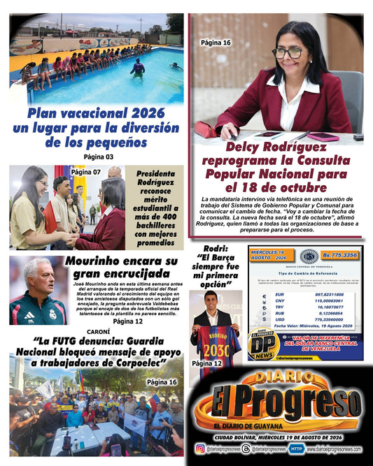 TITULARES DIARIO EL PROGRESO  EDICIÓN MIÉRCOLES 19 DE AGOSTO DE 2026
