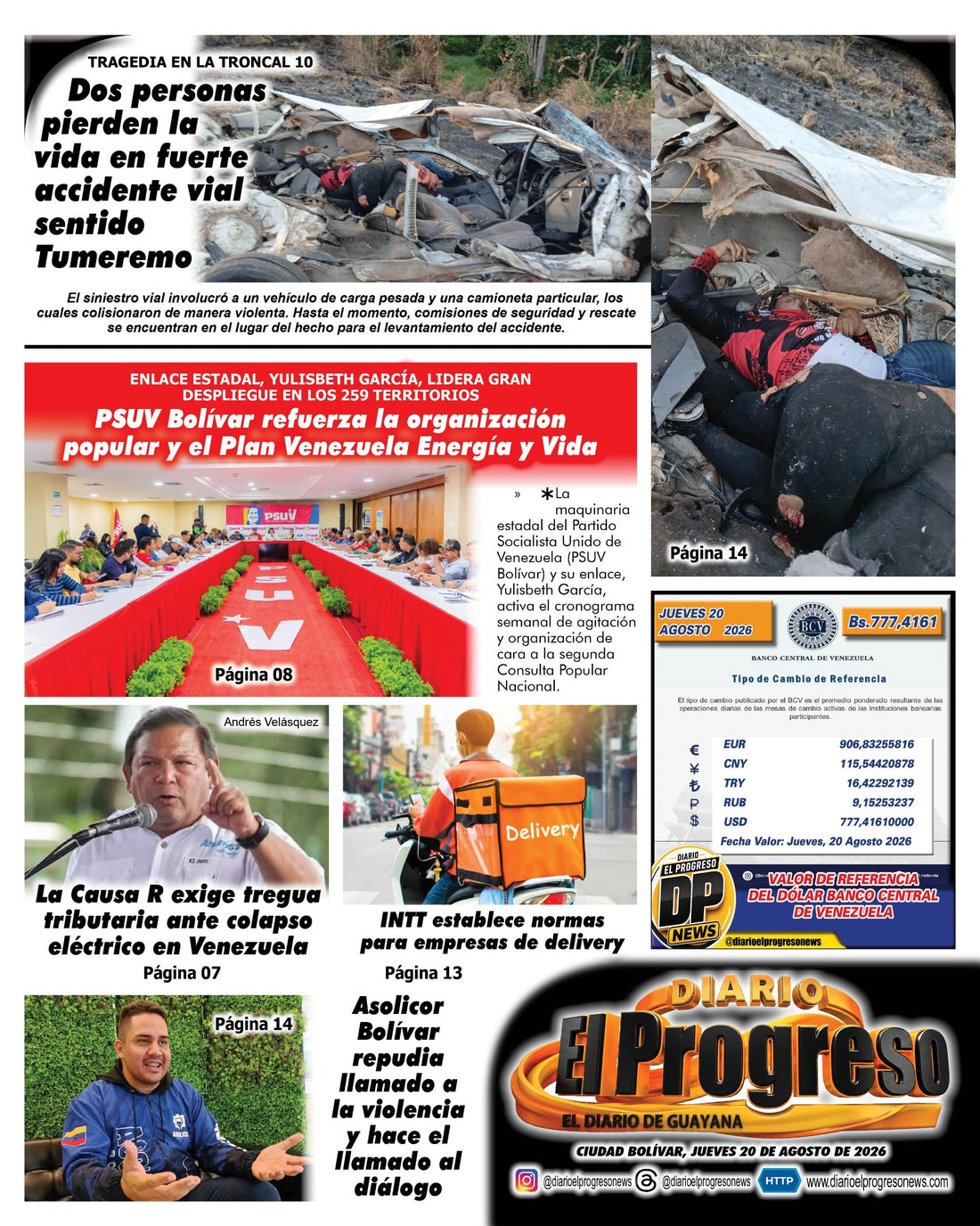 TITULARES DIARIO EL PROGRESO  EDICIÓN JUEVES 20 DE AGOSTO DE 2026