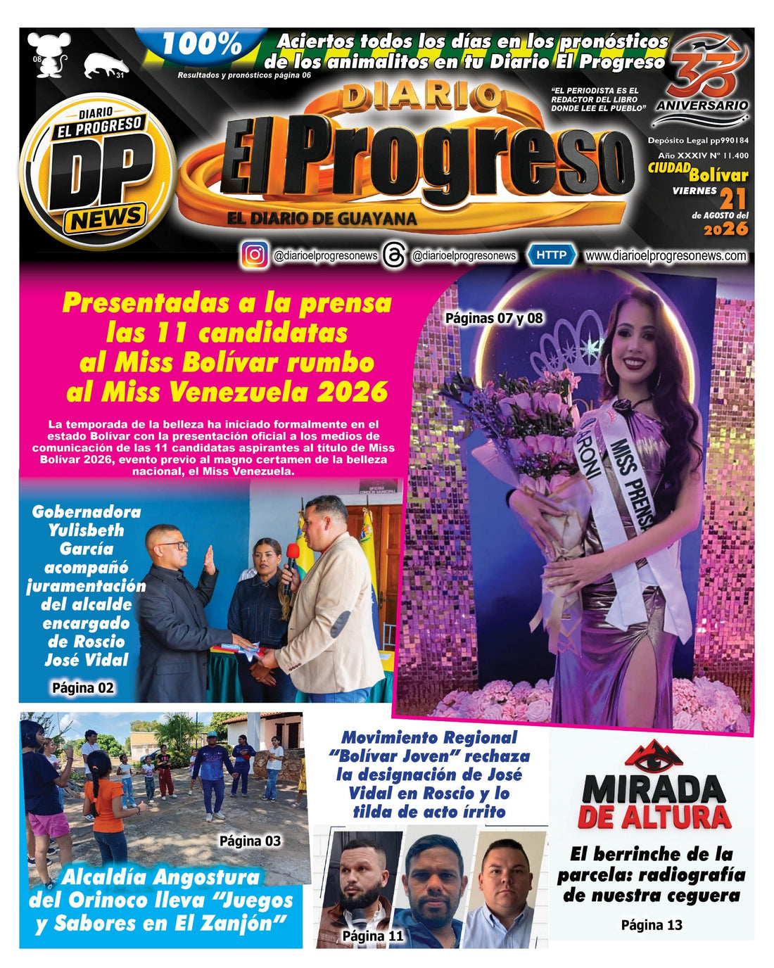TITULARES DIARIO EL PROGRESO  EDICIÓN VIERNES 21 DE AGOSTO DE 2026