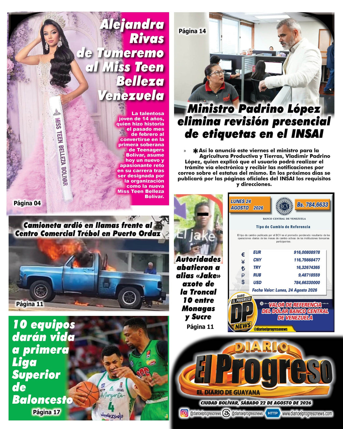 TITULARES DIARIO EL PROGRESO  EDICIÓN SÁBADO 22 DE AGOSTO DE 2026