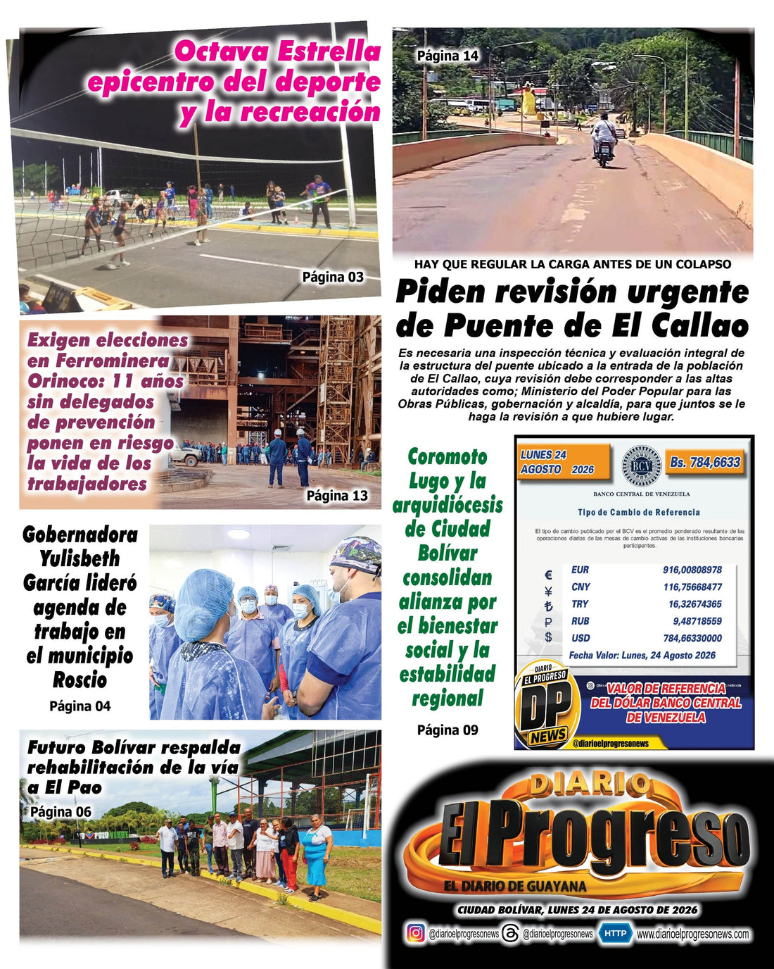 TITULARES DIARIO EL PROGRESO  EDICIÓN LUNES 24 DE AGOSTO DE 2026
