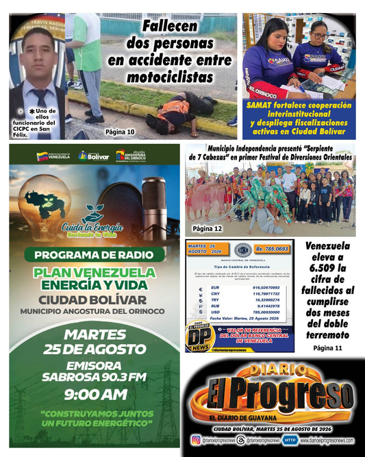 TITULARES DIARIO EL PROGRESO  EDICIÓN MARTES 25 DE AGOSTO DE 2026
