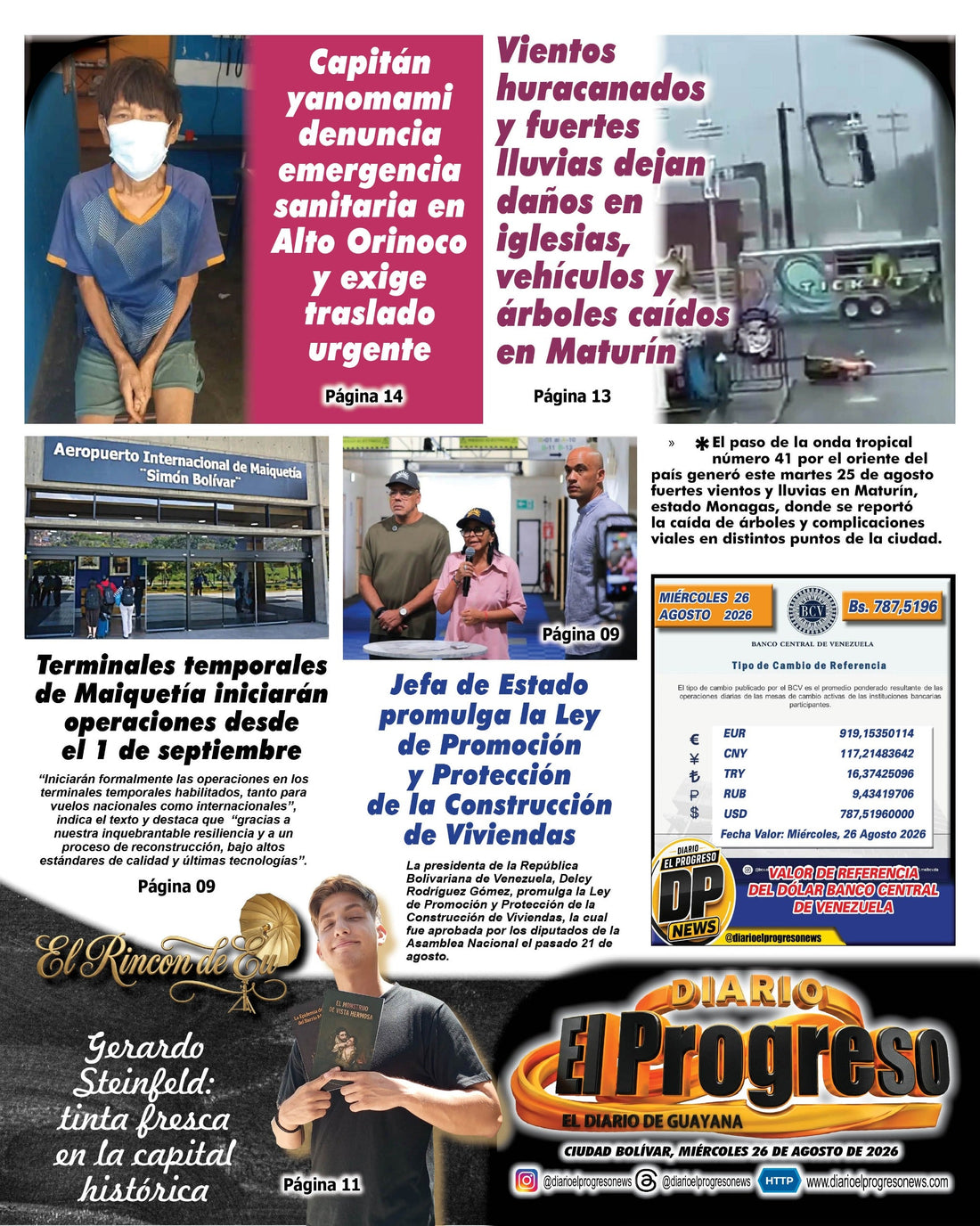 TITULARES DIARIO EL PROGRESO  EDICIÓN MIÉRCOLES 26 DE AGOSTO DE 2026