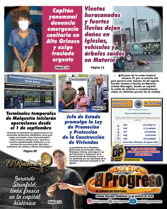 TITULARES DIARIO EL PROGRESO  EDICIÓN MIÉRCOLES 26 DE AGOSTO DE 2026