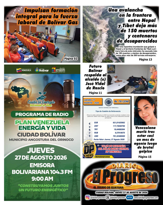 TITULARES DIARIO EL PROGRESO  EDICIÓN JUEVES 27 DE AGOSTO DE 2026