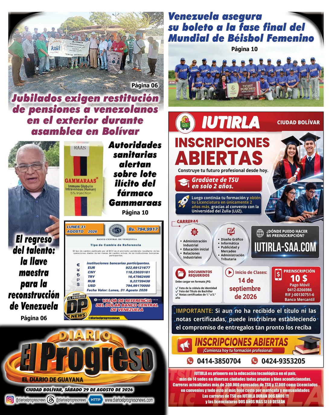 TITULARES DIARIO EL PROGRESO  EDICIÓN SÁBADO 29 DE AGOSTO DE 2026
