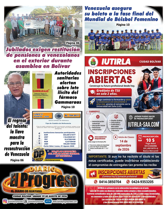 TITULARES DIARIO EL PROGRESO  EDICIÓN SÁBADO 29 DE AGOSTO DE 2026