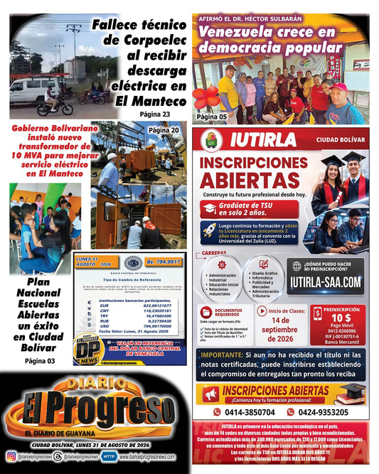 TITULARES DIARIO EL PROGRESO  EDICIÓN LUNES 31 DE AGOSTO DE 2026