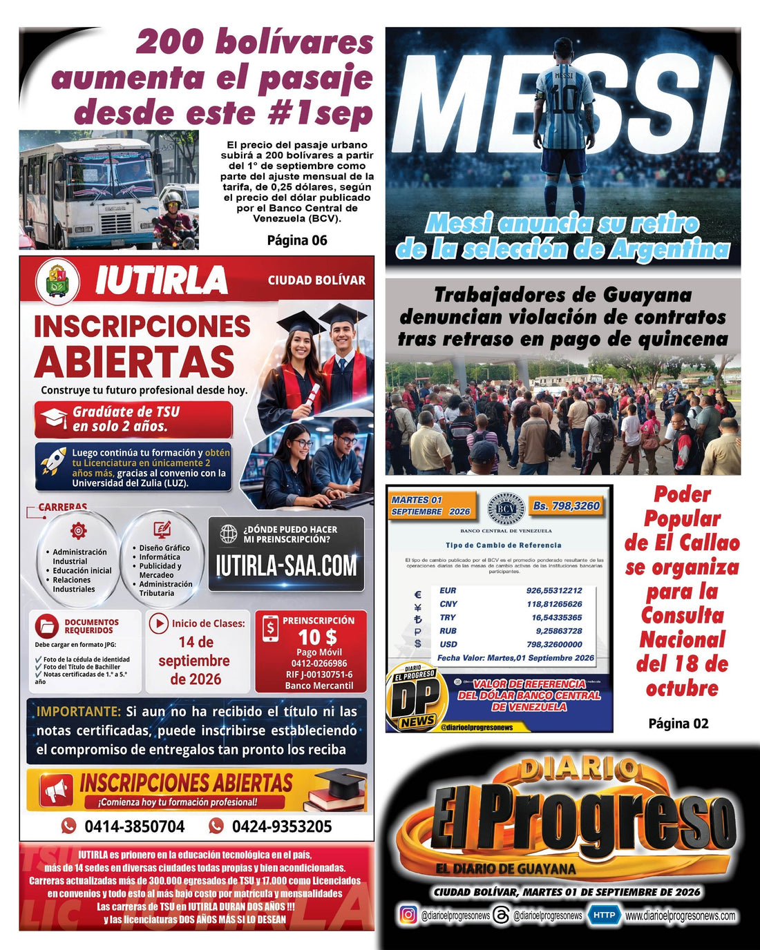 TITULARES DIARIO EL PROGRESO  EDICIÓN MARTES 01 DE SEPTIEMBRE DE 2026