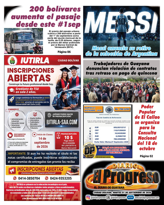 TITULARES DIARIO EL PROGRESO  EDICIÓN MARTES 01 DE SEPTIEMBRE DE 2026