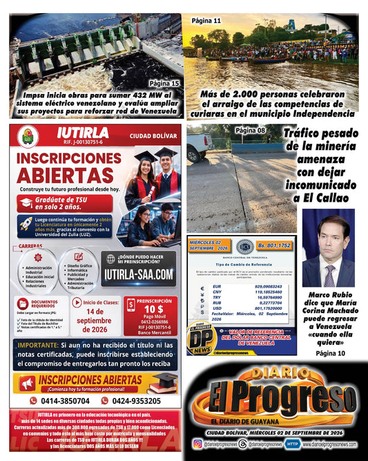 TITULARES DIARIO EL PROGRESO  EDICIÓN MIÉRCOLES 02 DE SEPTIEMBRE DE 2026