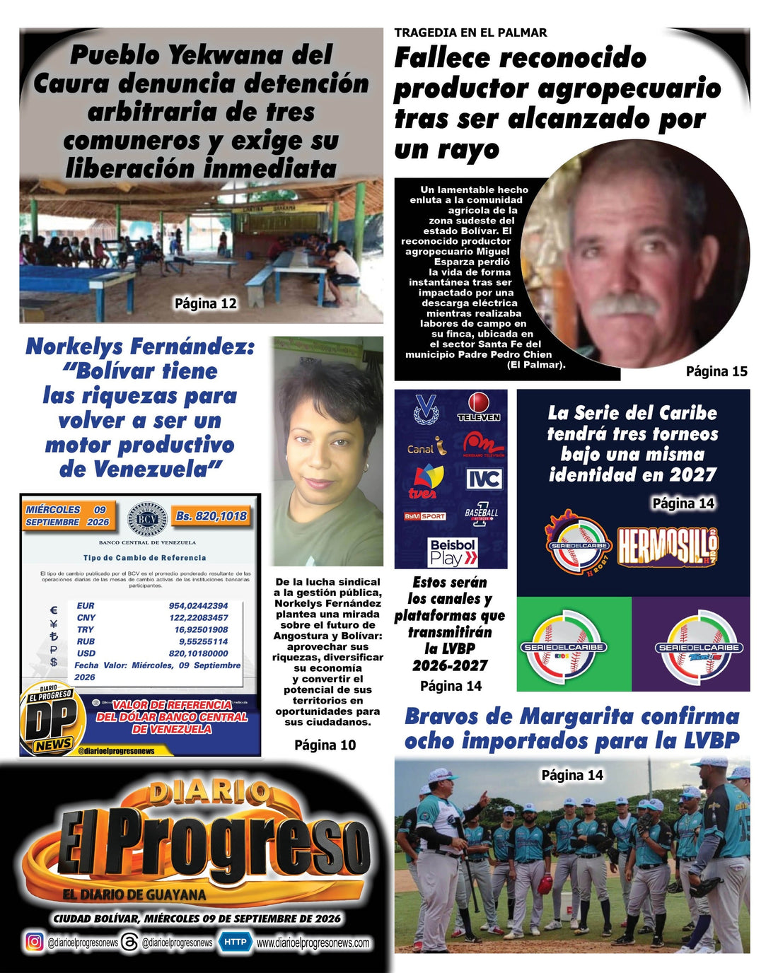 TITULARES DIARIO EL PROGRESO  EDICIÓN MIÉRCOLES 09 DE SEPTIEMBRE DE 2026