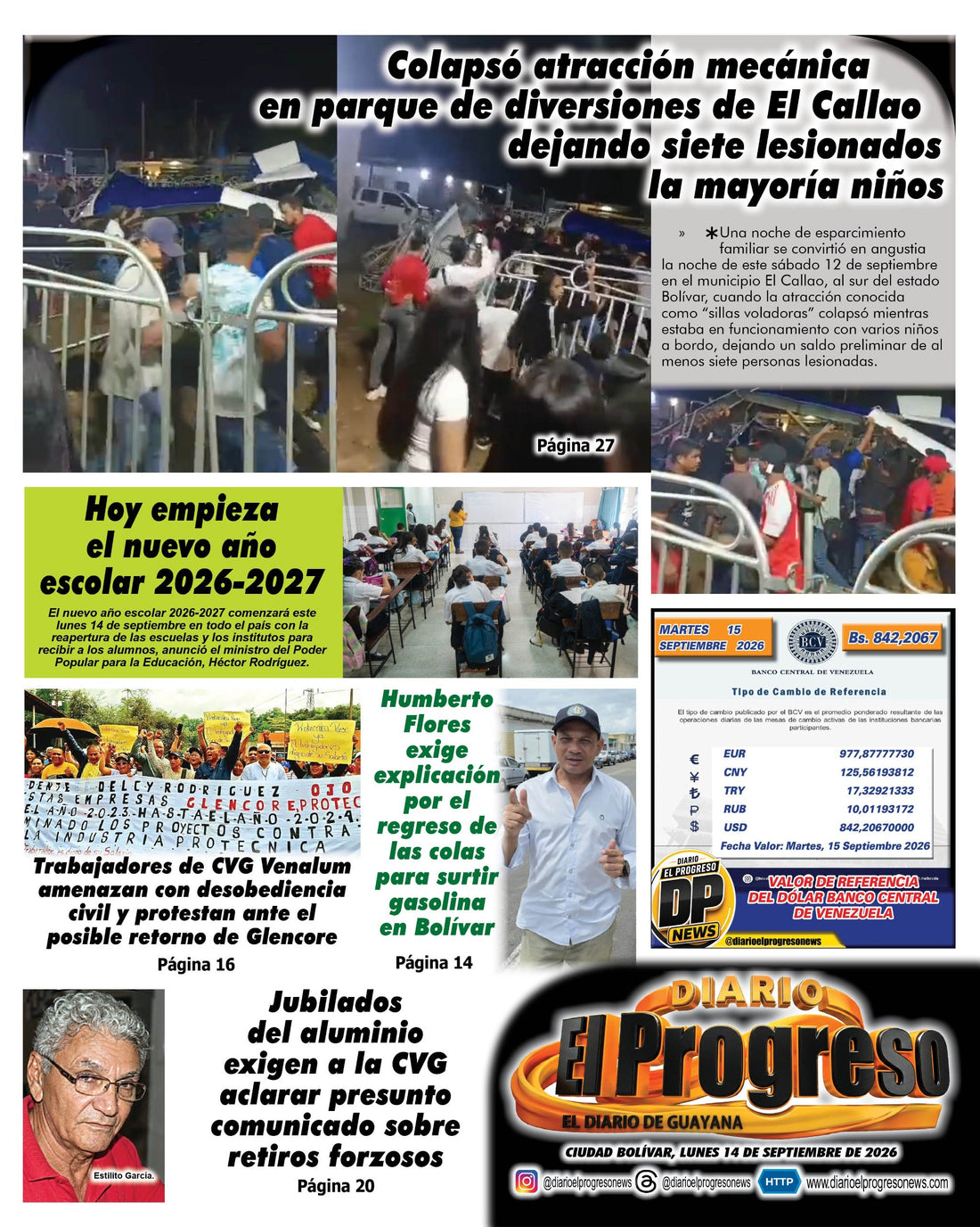 TITULARES DIARIO EL PROGRESO  EDICIÓN LUNES 14 DE SEPTIEMBRE DE 2026