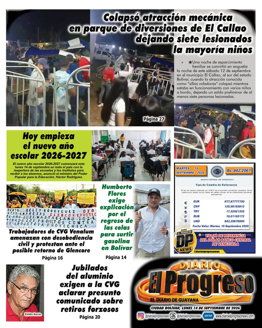 TITULARES DIARIO EL PROGRESO  EDICIÓN LUNES 14 DE SEPTIEMBRE DE 2026