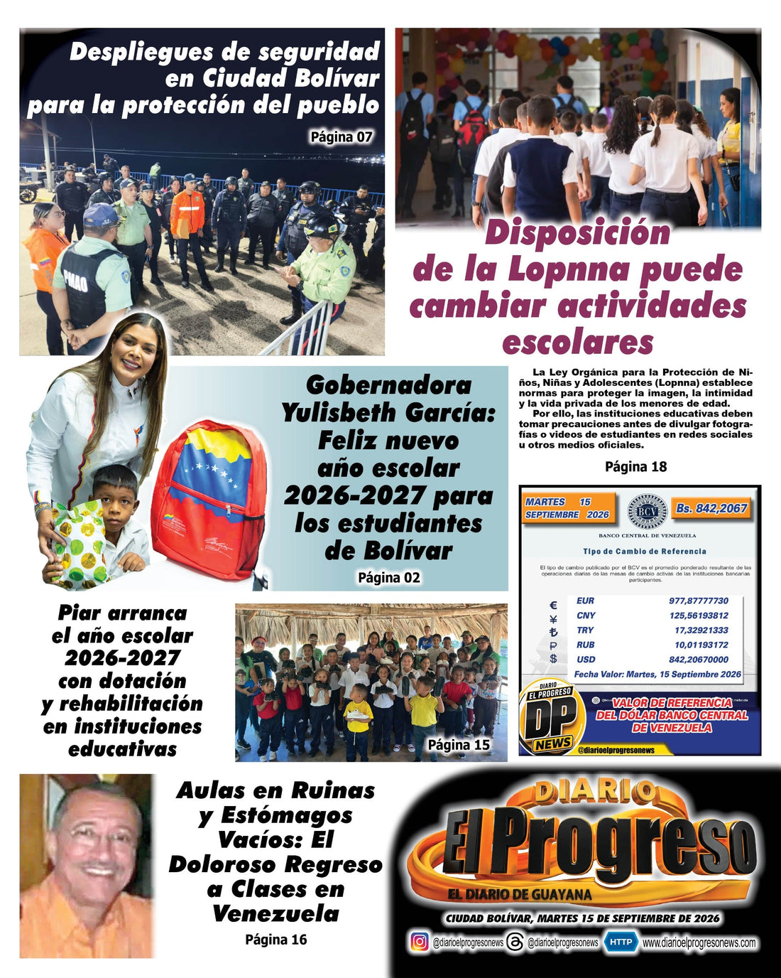 TITULARES DIARIO EL PROGRESO  EDICIÓN MARTES 15 DE SEPTIEMBRE DE 2026
