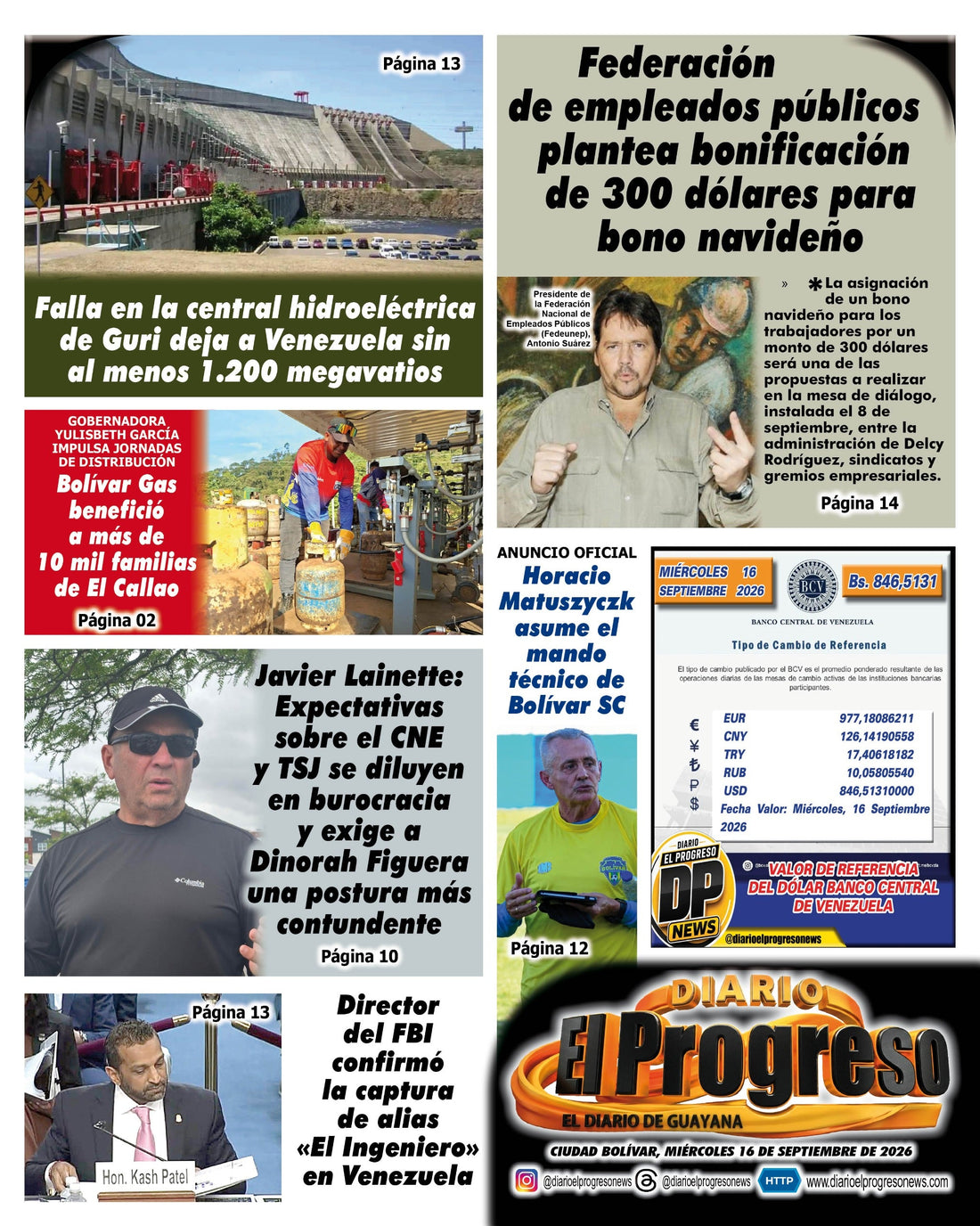 TITULARES DIARIO EL PROGRESO  EDICIÓN MIÉRCOLES 16 DE SEPTIEMBRE DE 2026