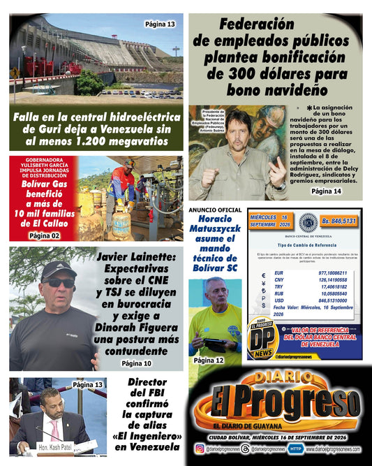 TITULARES DIARIO EL PROGRESO  EDICIÓN MIÉRCOLES 16 DE SEPTIEMBRE DE 2026