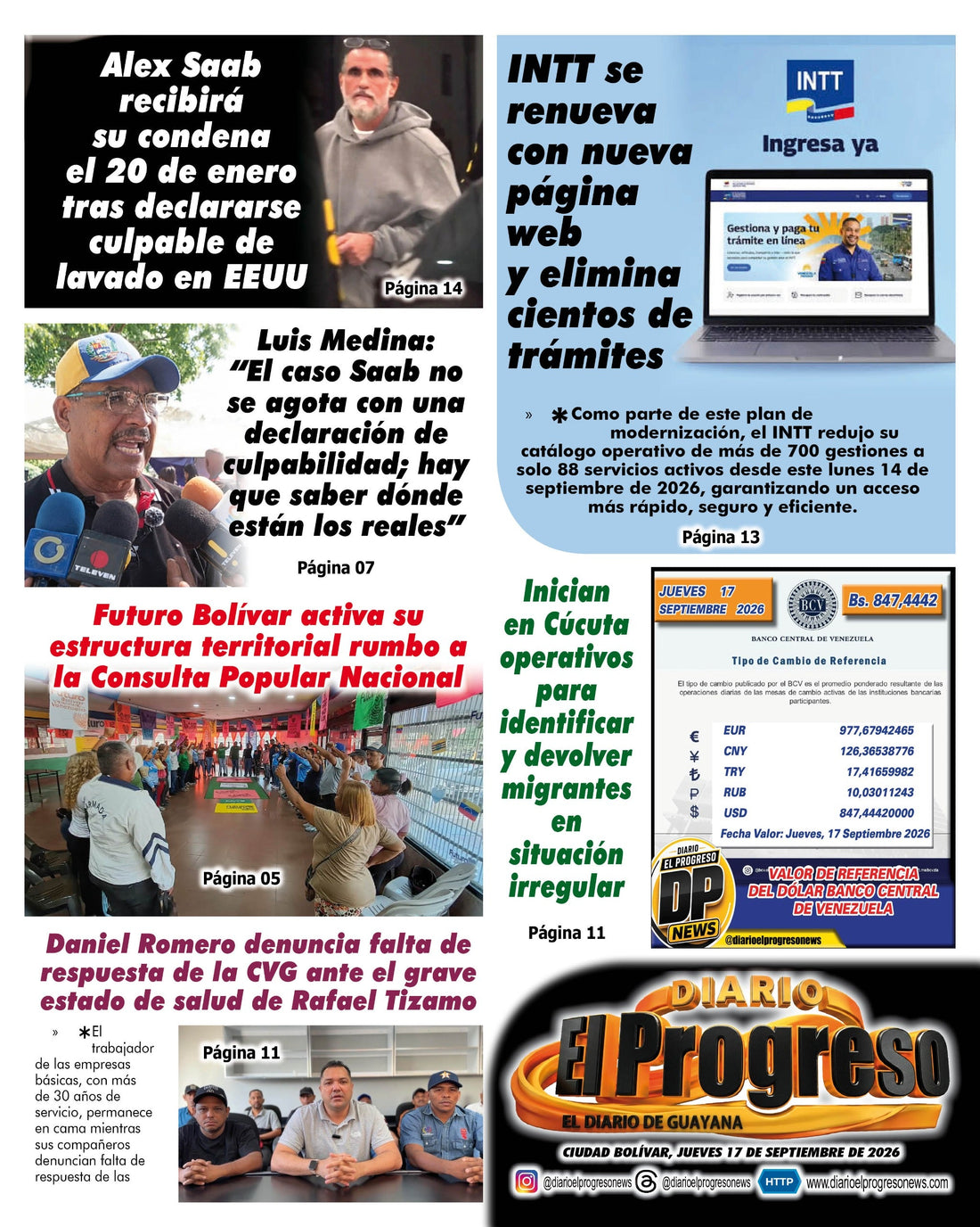 TITULARES DIARIO EL PROGRESO  EDICIÓN JUEVES 17 DE SEPTIEMBRE DE 2026