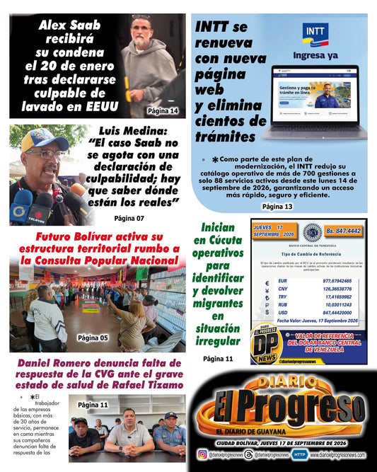 TITULARES DIARIO EL PROGRESO  EDICIÓN JUEVES 17 DE SEPTIEMBRE DE 2026