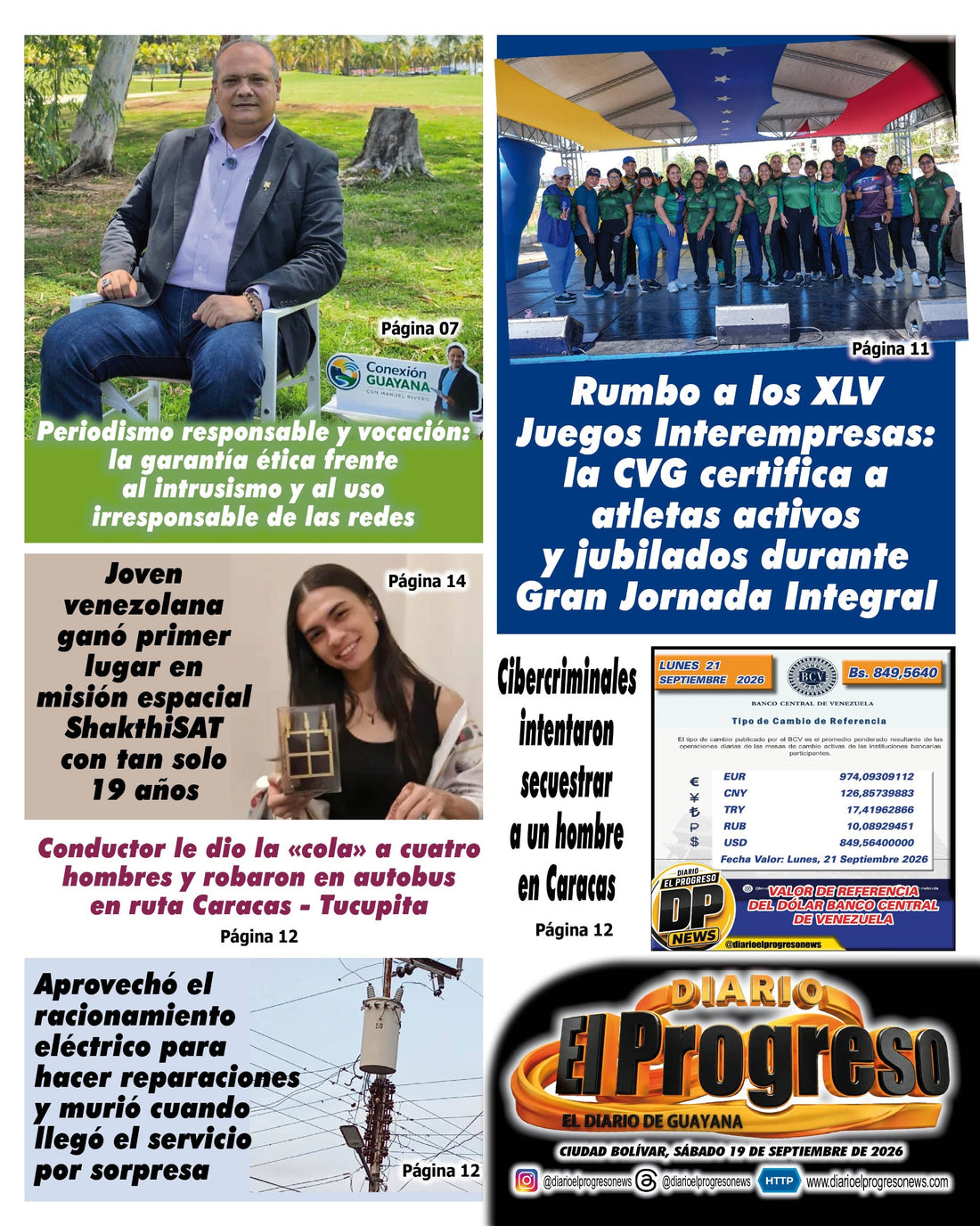 TITULARES DIARIO EL PROGRESO  EDICIÓN SÁBADO 19 DE SEPTIEMBRE DE 2026
