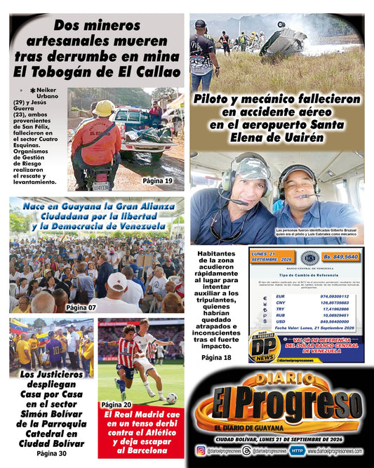 TITULARES DIARIO EL PROGRESO  EDICIÓN LUNES 21 DE SEPTIEMBRE DE 2026