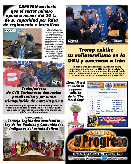 TITULARES DIARIO EL PROGRESO  EDICIÓN MIÉRCOLES 23 DE SEPTIEMBRE DE 2026
