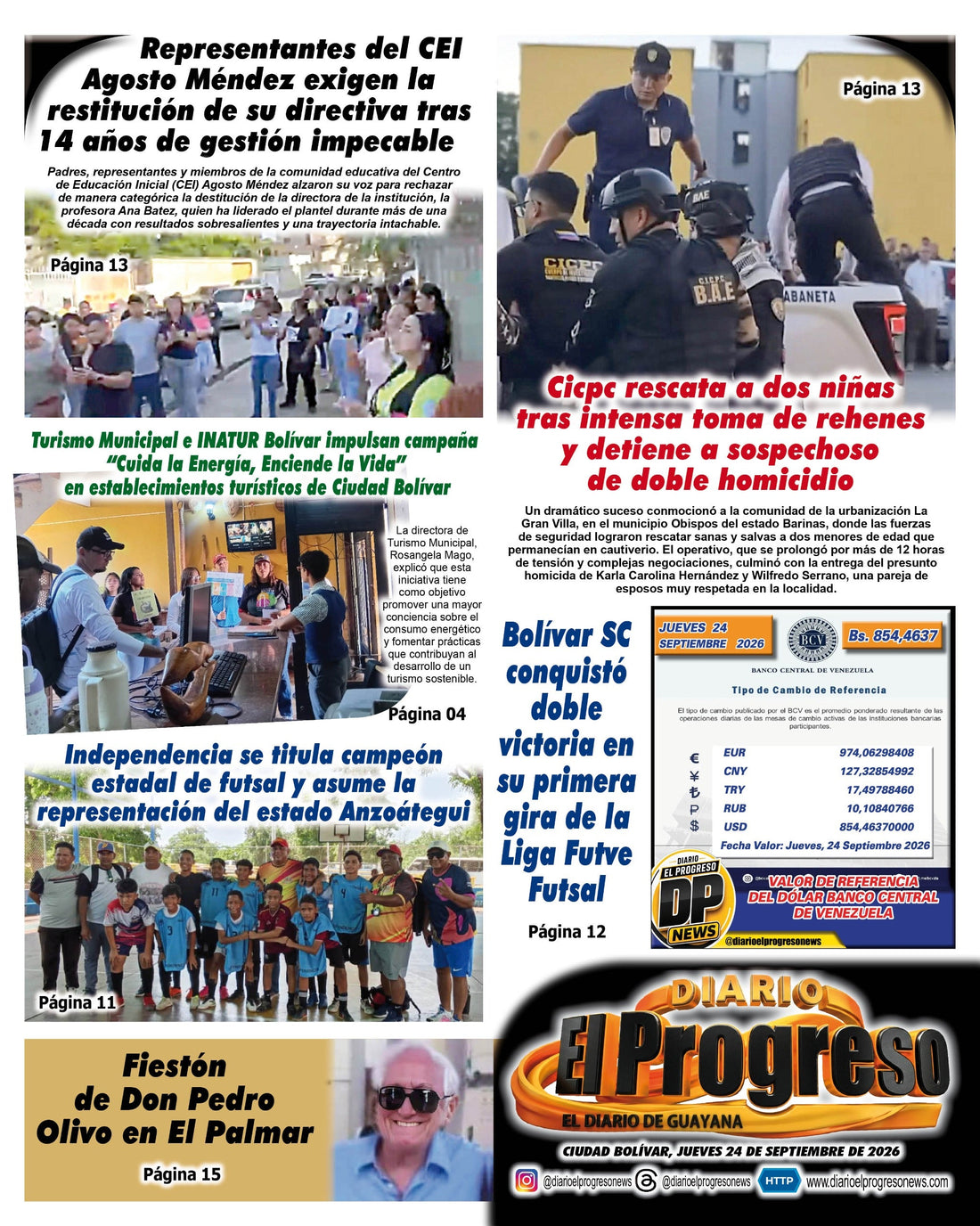 TITULARES DIARIO EL PROGRESO  EDICIÓN JUEVES 24 DE SEPTIEMBRE DE 2026