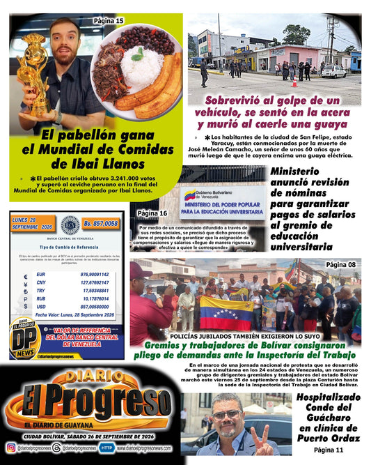 TITULARES DIARIO EL PROGRESO  EDICIÓN SÁBADO 26 DE SEPTIEMBRE DE 2026