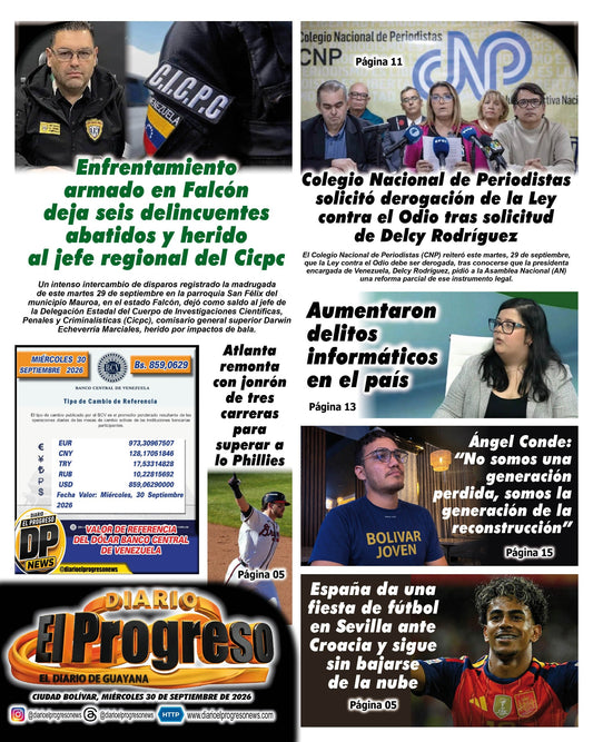TITULARES DIARIO EL PROGRESO  EDICIÓN MIÉRCOLES 30 DE SEPTIEMBRE DE 2026
