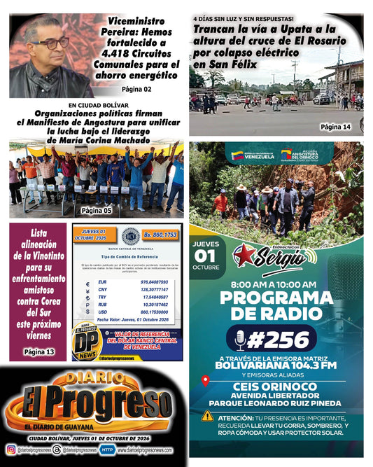 TITULARES DIARIO EL PROGRESO  EDICIÓN JUEVES 01 DE OCTUBRE DE 2026