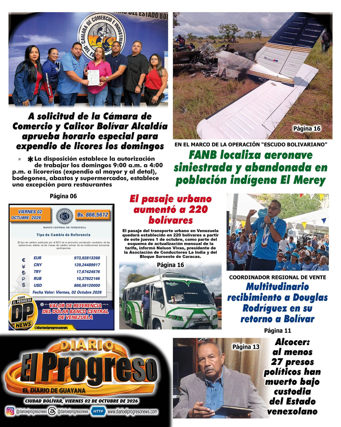 TITULARES DIARIO EL PROGRESO  EDICIÓN VIERNES 02 DE OCTUBRE DE 2026